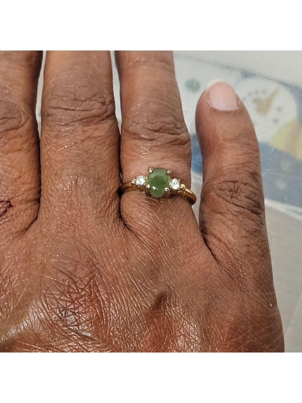Vintage Avon Faux Jade and Crystal Gold-tone Ring, Size 7.25